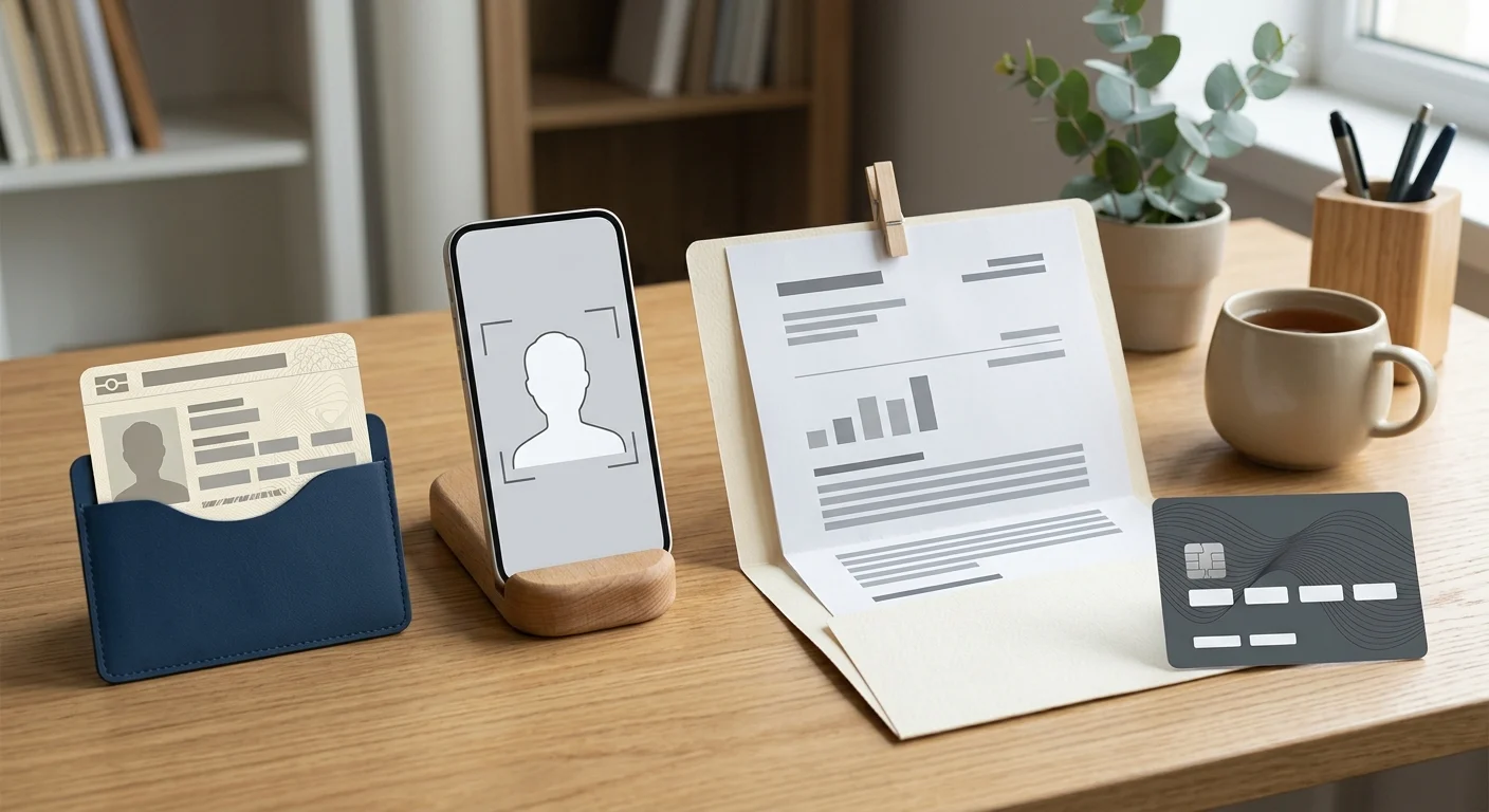 Identity document, selfie check, bank statement and payment card arranged for account verification
